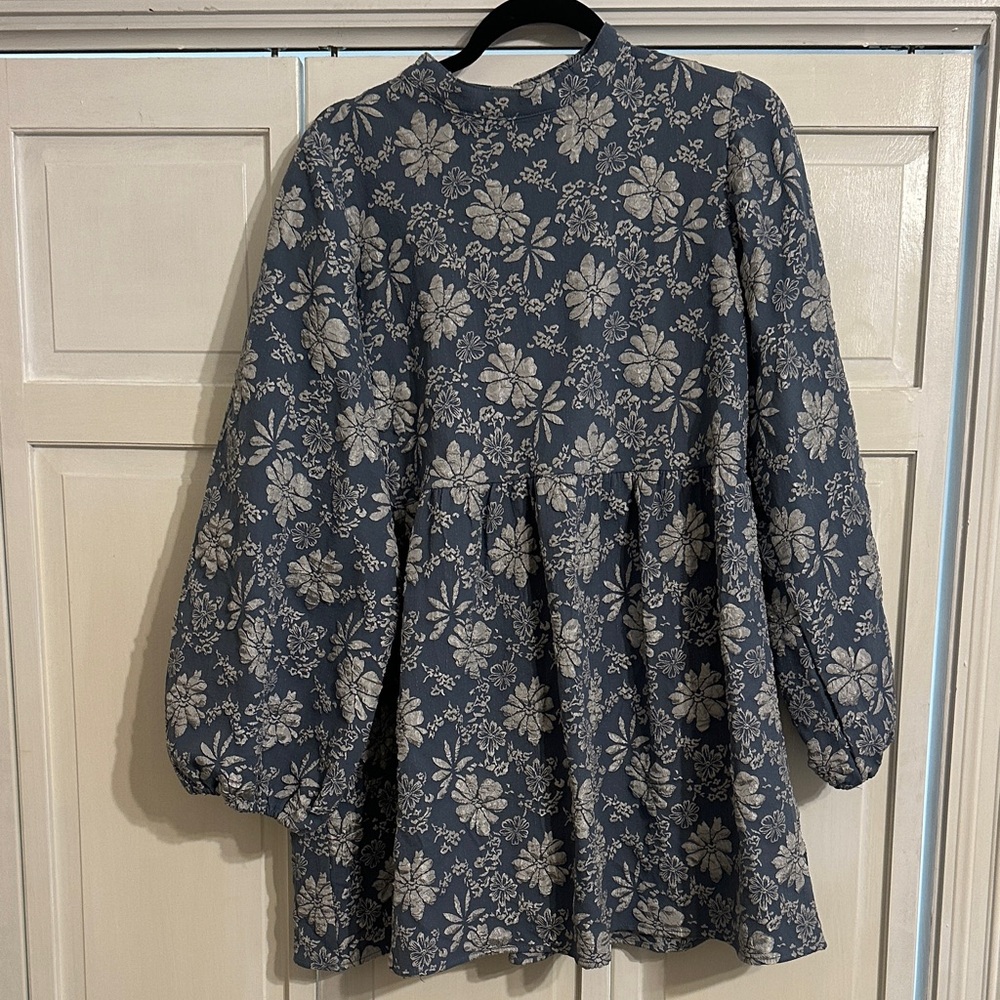Blue Floral Long-Sleeve Tiered Dress